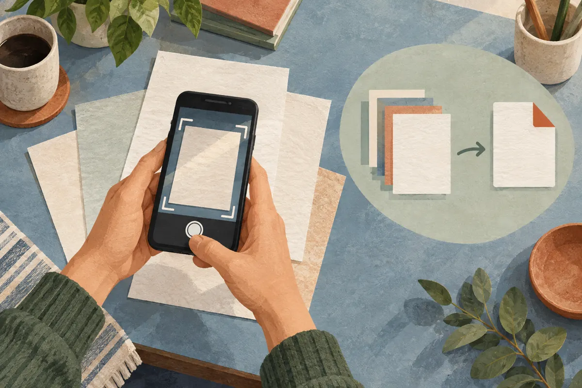 Ilustracja telefonu skanującego kilka kartek do jednego dokumentu